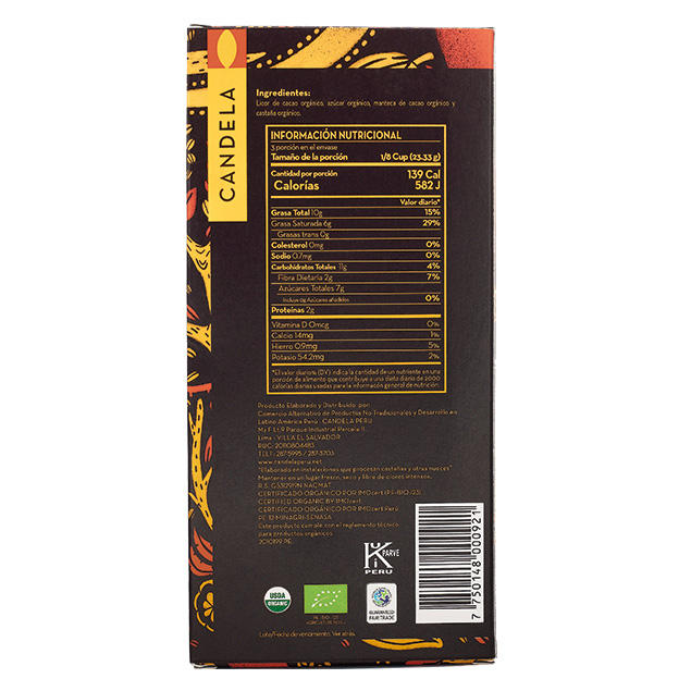 Chocolate Bitter con Castaña Orgánico 70 gr / 70% Cacao