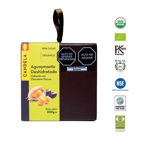 Aguaymanto Deshidratado Cubierta con Chocolate Orgánico 200g / 70% Cacao
